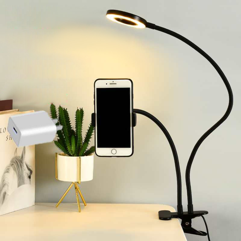 Photography Lighting Continuous - 自撮りリングライト付きユニバーサルフレキシブル携帯電話ホルダー、オフィス怠惰なブラケットデスクランプLEDライト、ライブストリームフィルライト用