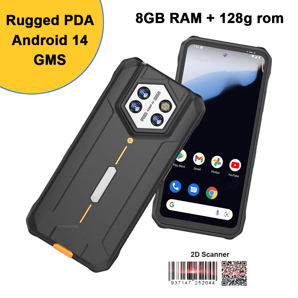 Photography Lighting Indoor - 6.5インチ画面、8GB RAM、128GBストレージ、48MPカメラ、IP68、Android 14、GMS搭載、バーコードスキャナー付きの堅牢なハンディPDA端末